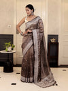 Banarasee Handwoven Crushed Tissue Saree With Chikankari Work-Dark Brown