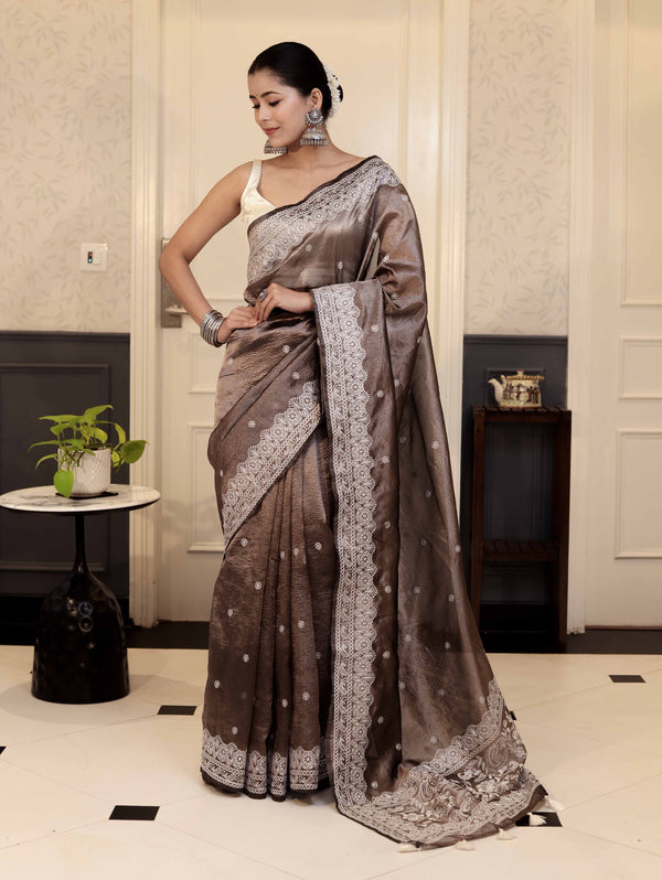 Banarasee Handwoven Crushed Tissue Saree With Chikankari Work-Dark Brown
