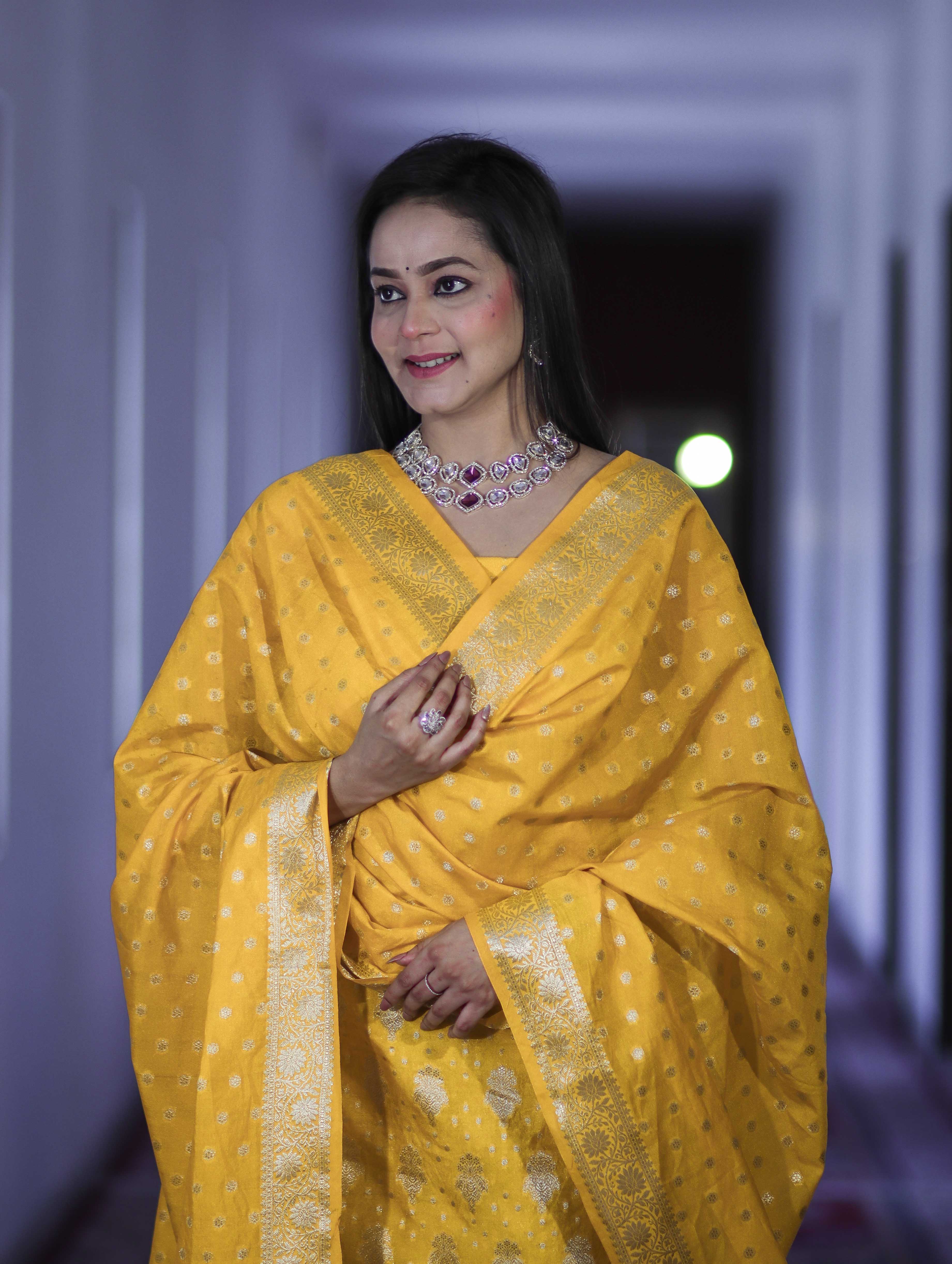 Banarasee Faux Georgette Zari Work Salwar Kameez Fabric With Dupatta Set-Yellow