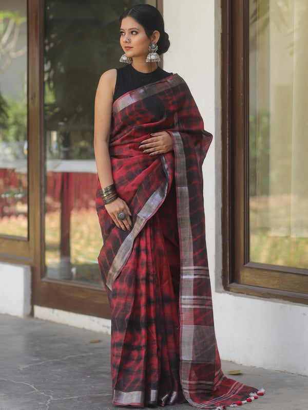 Bhagalpur Handloom Shibori Dyed Linen Saree-Maroon & Black