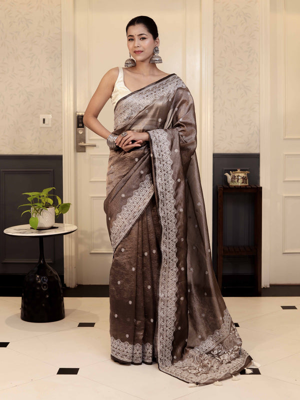 Banarasee Handwoven Crushed Tissue Saree With Chikankari Work-Dark Brown