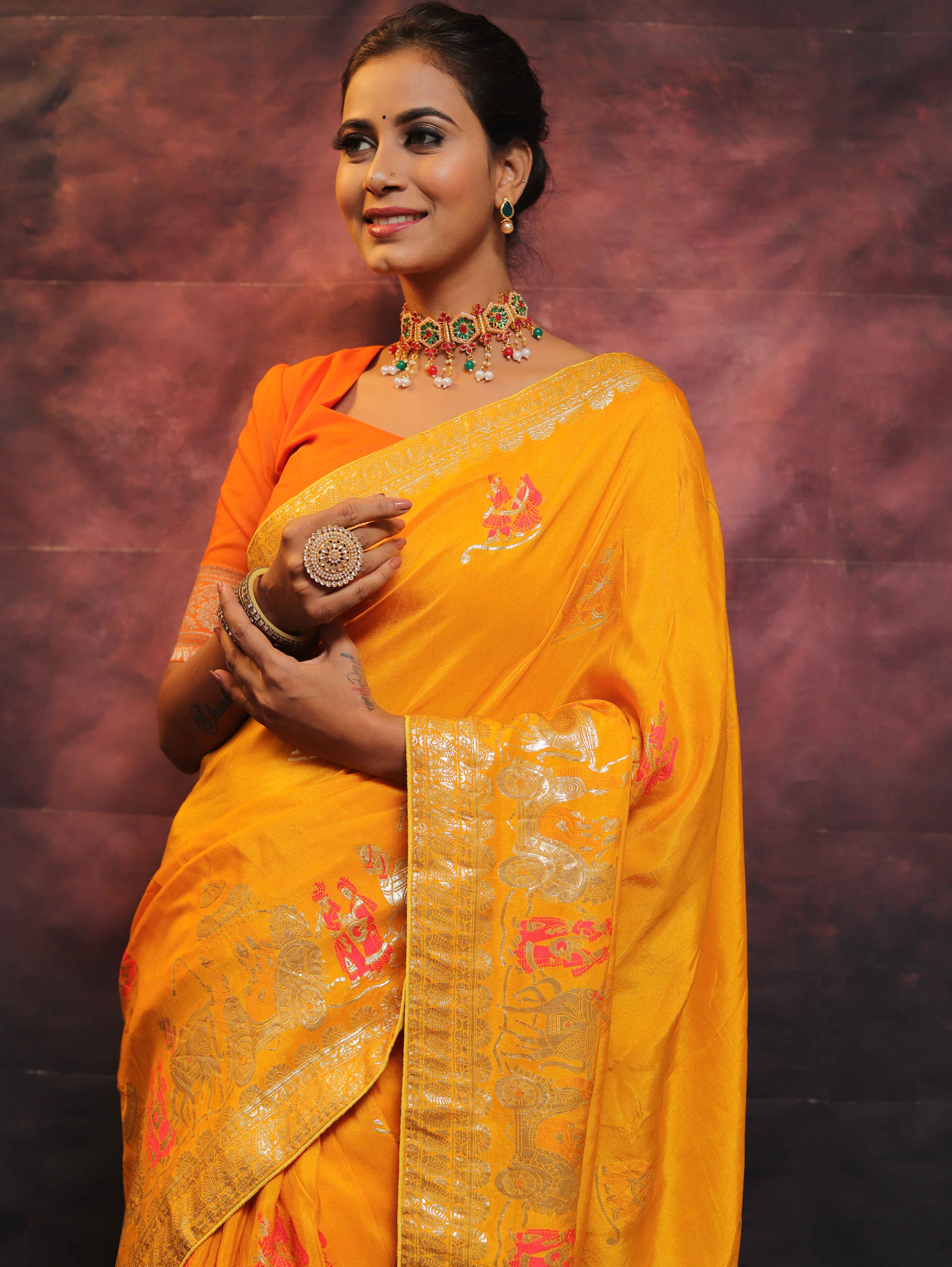Banarasee Handwoven Semi Silk Saree With Zari Jaal Design-Yellow