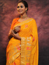 Banarasee Handwoven Semi Silk Saree With Zari Jaal Design-Yellow