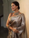 Banarasee Handwoven Tissue Saree With Buti Design Tanchoi Border & Lace-Dark Beige