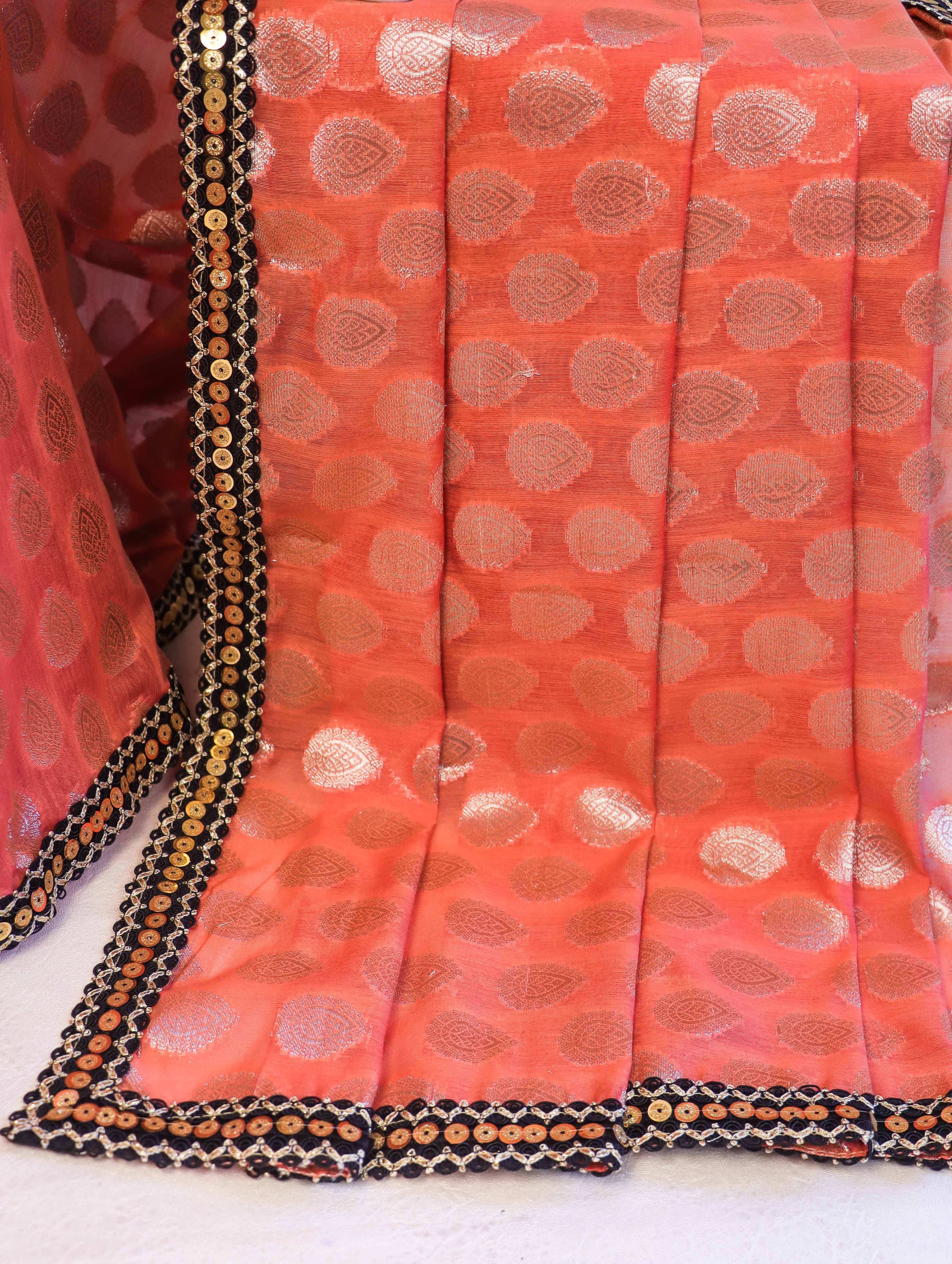 Banarasee Handloom Chanderi Cotton Saree With Buta Besign & Lace-Peachy Pink