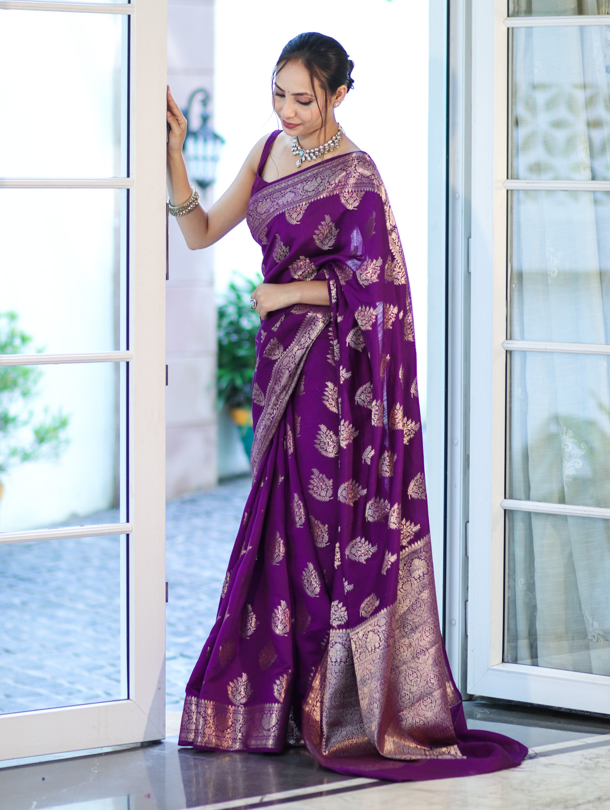 Banarasee Handloom Pure Chiniya Silk Saree With Zari Work-Violet