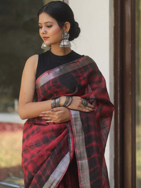 Bhagalpur Handloom Shibori Dyed Linen Saree-Maroon & Black