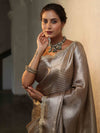 Banarasee Handwoven Tissue Saree With Buti Design Tanchoi Border & Lace-Dark Beige