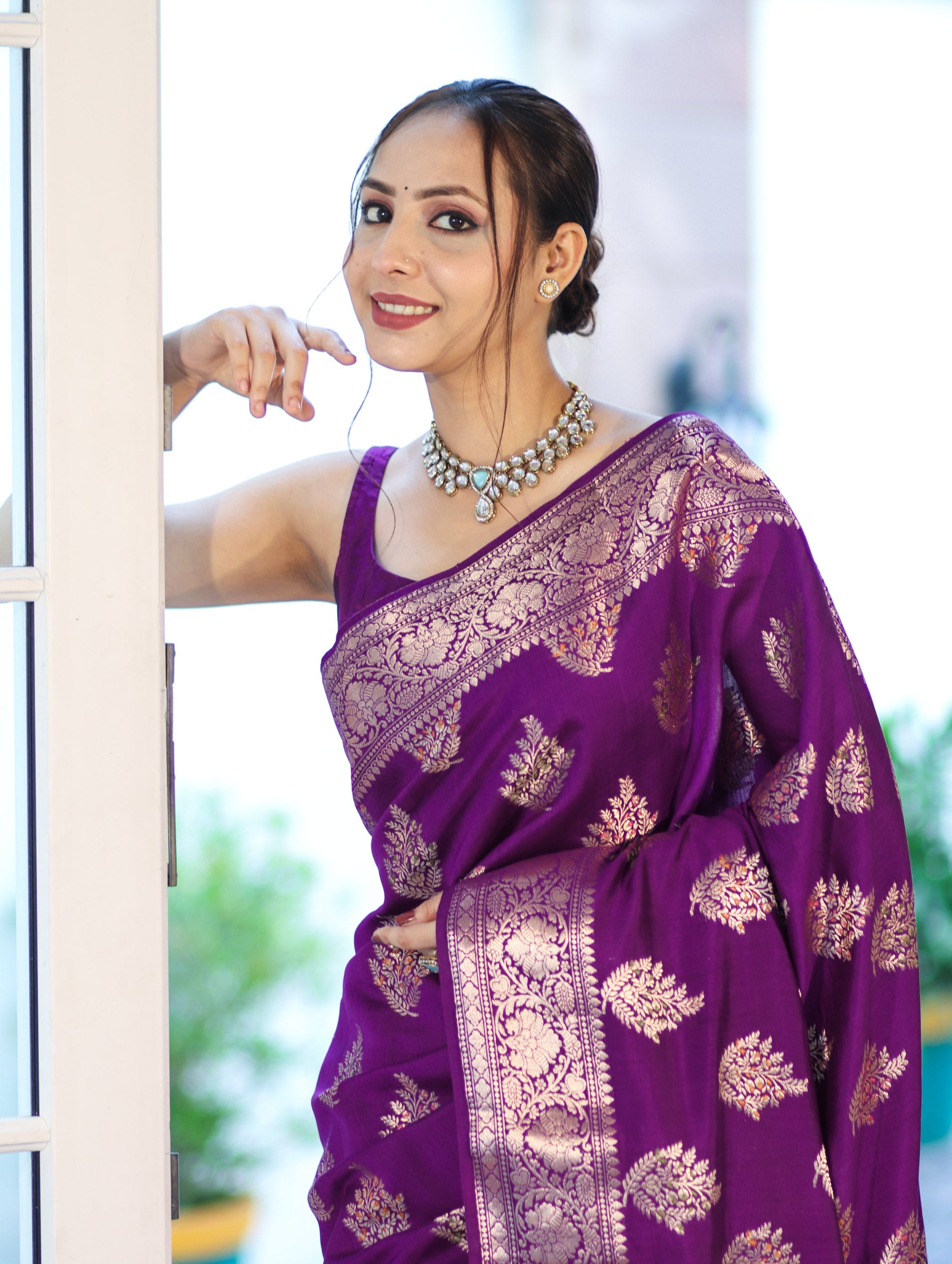 Banarasee Handloom Pure Chiniya Silk Saree With Zari Work-Violet