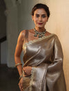 Banarasee Handwoven Tissue Saree With Buti Design Tanchoi Border & Lace-Dark Beige