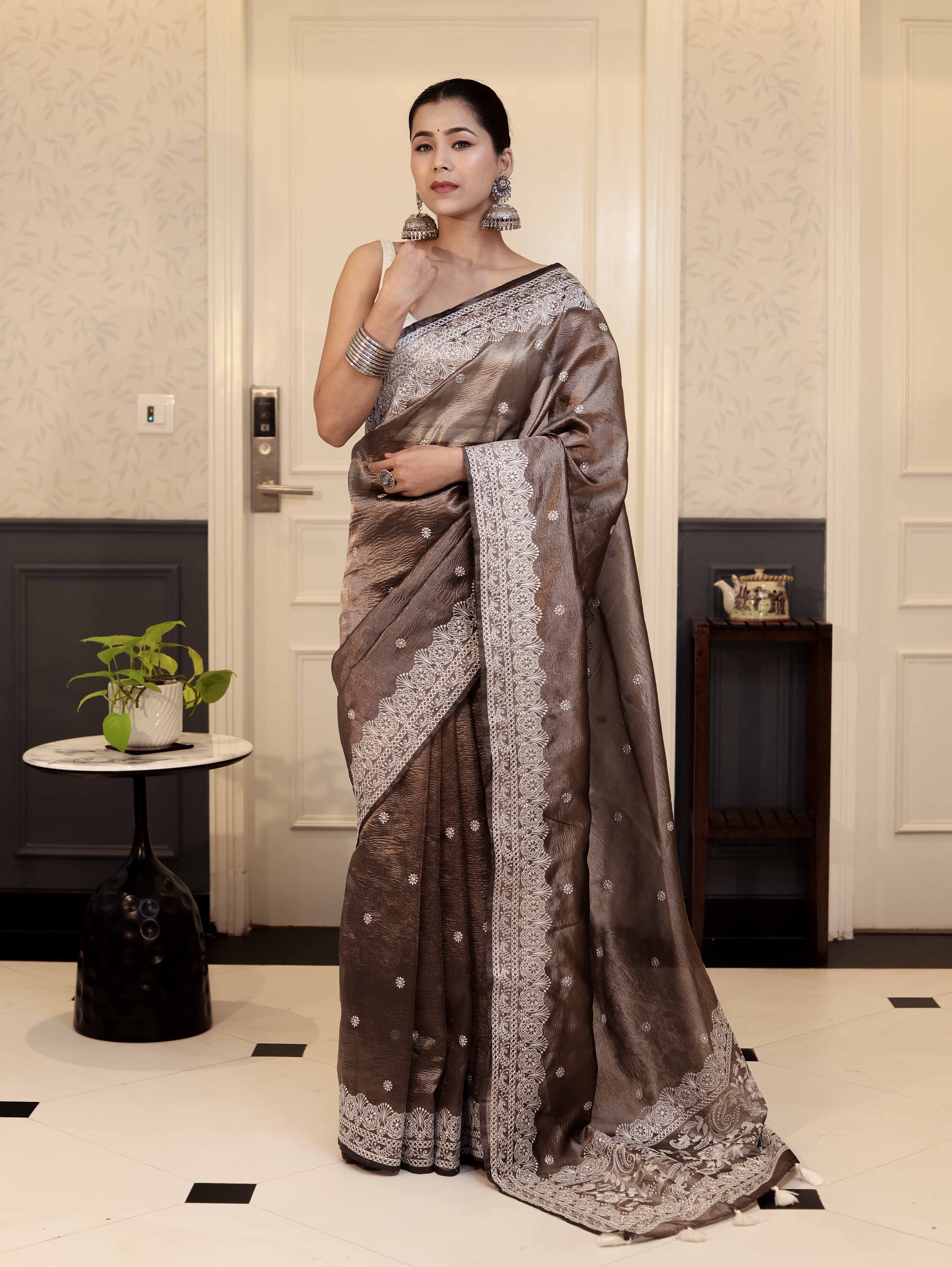 Banarasee Handwoven Crushed Tissue Saree With Chikankari Work-Dark Brown
