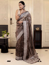 Banarasee Handwoven Crushed Tissue Saree With Chikankari Work-Dark Brown