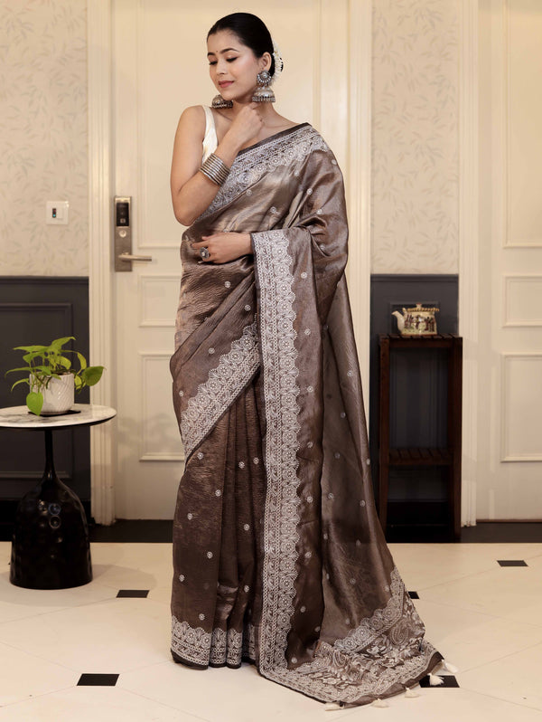 Banarasee Handwoven Crushed Tissue Saree With Chikankari Work-Dark Brown