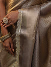 Banarasee Handwoven Tissue Saree With Buti Design Tanchoi Border & Lace-Dark Beige