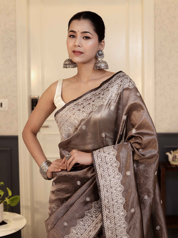 Banarasee Handwoven Crushed Tissue Saree With Chikankari Work-Dark Brown