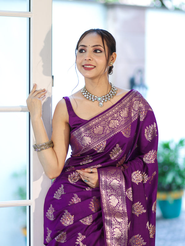 Banarasee Handloom Pure Chiniya Silk Saree With Zari Work-Violet
