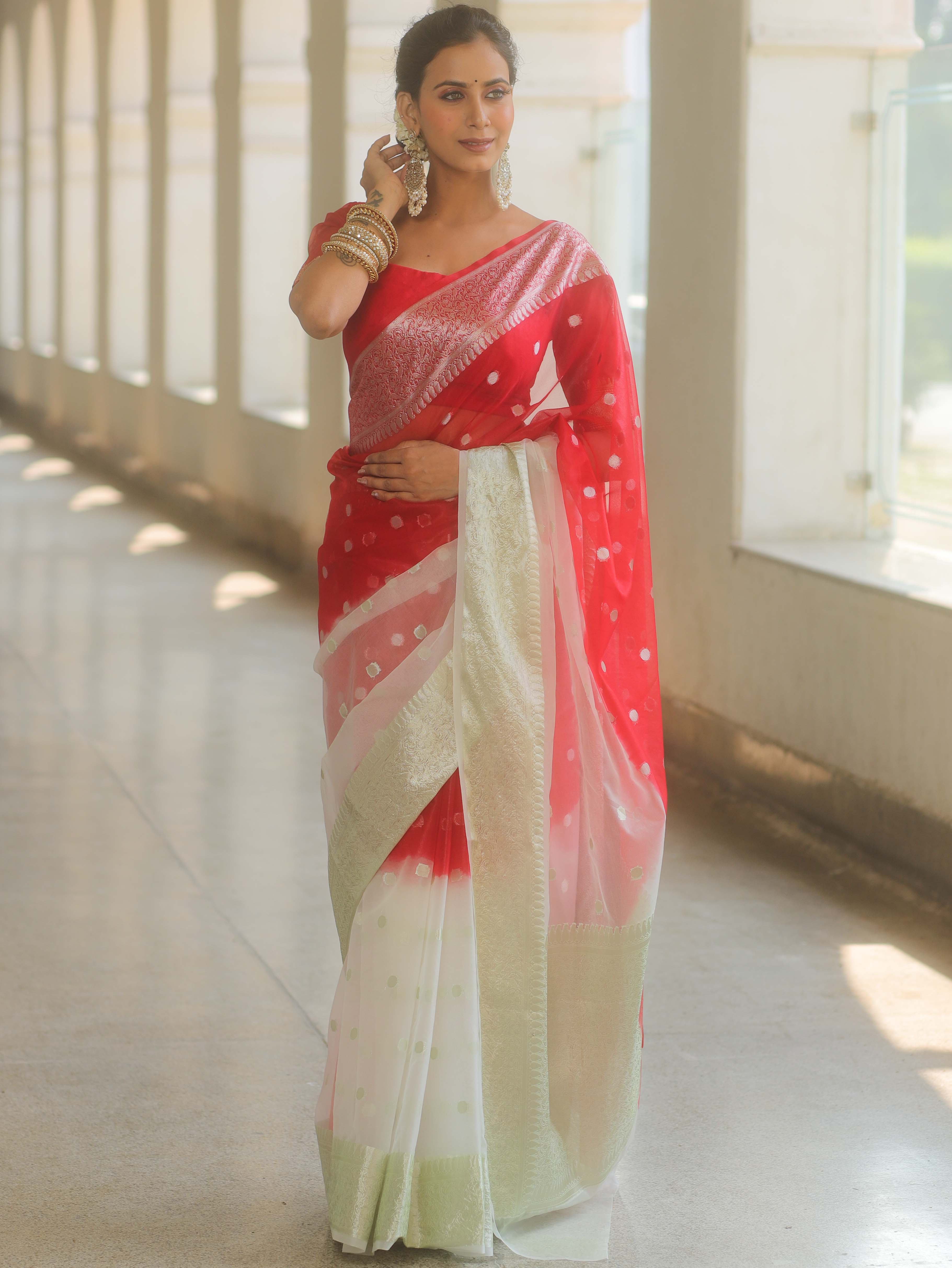 Banarasee Organza Saree With Silver Zari Design & Dual Color-Red & White
