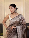 Banarasee Handwoven Crushed Tissue Saree With Chikankari Work-Dark Brown