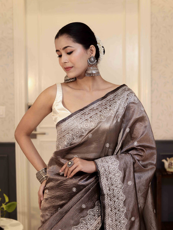 Banarasee Handwoven Crushed Tissue Saree With Chikankari Work-Dark Brown