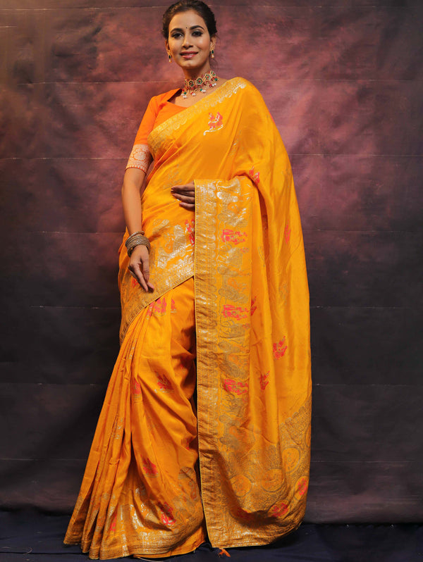 Banarasee Handwoven Semi Silk Saree With Zari Buta Design-Yellow