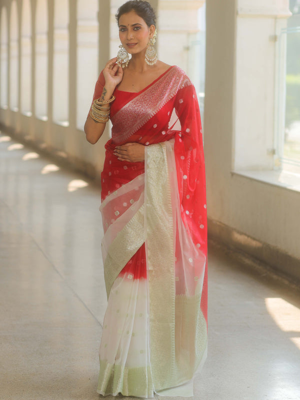 Banarasee Organza Saree With Silver Zari Design & Dual Color-Red & White
