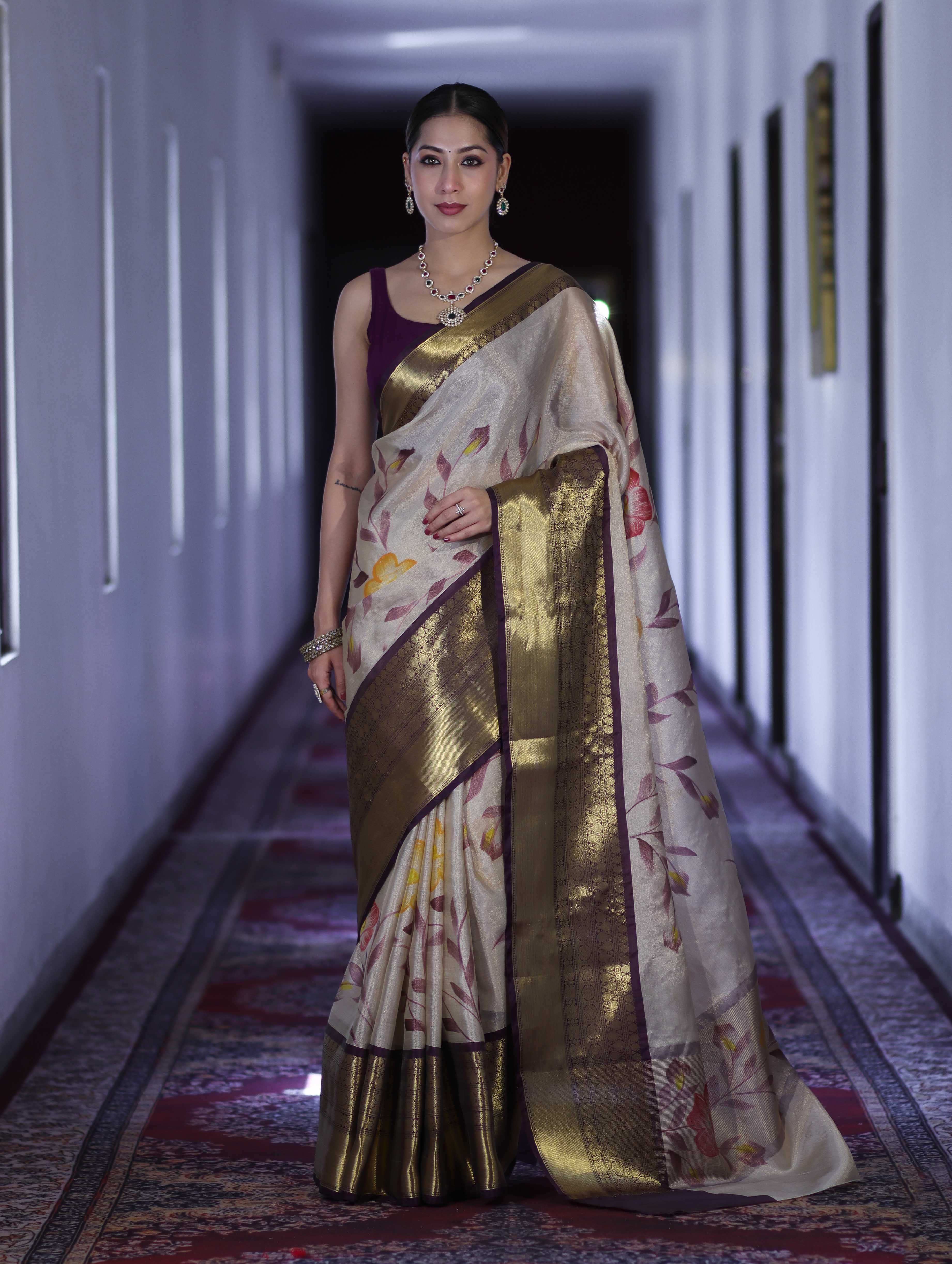 Banarasee Handloom Tissue Saree With Digital Floral Prints & Broad Border-Cream & Purple