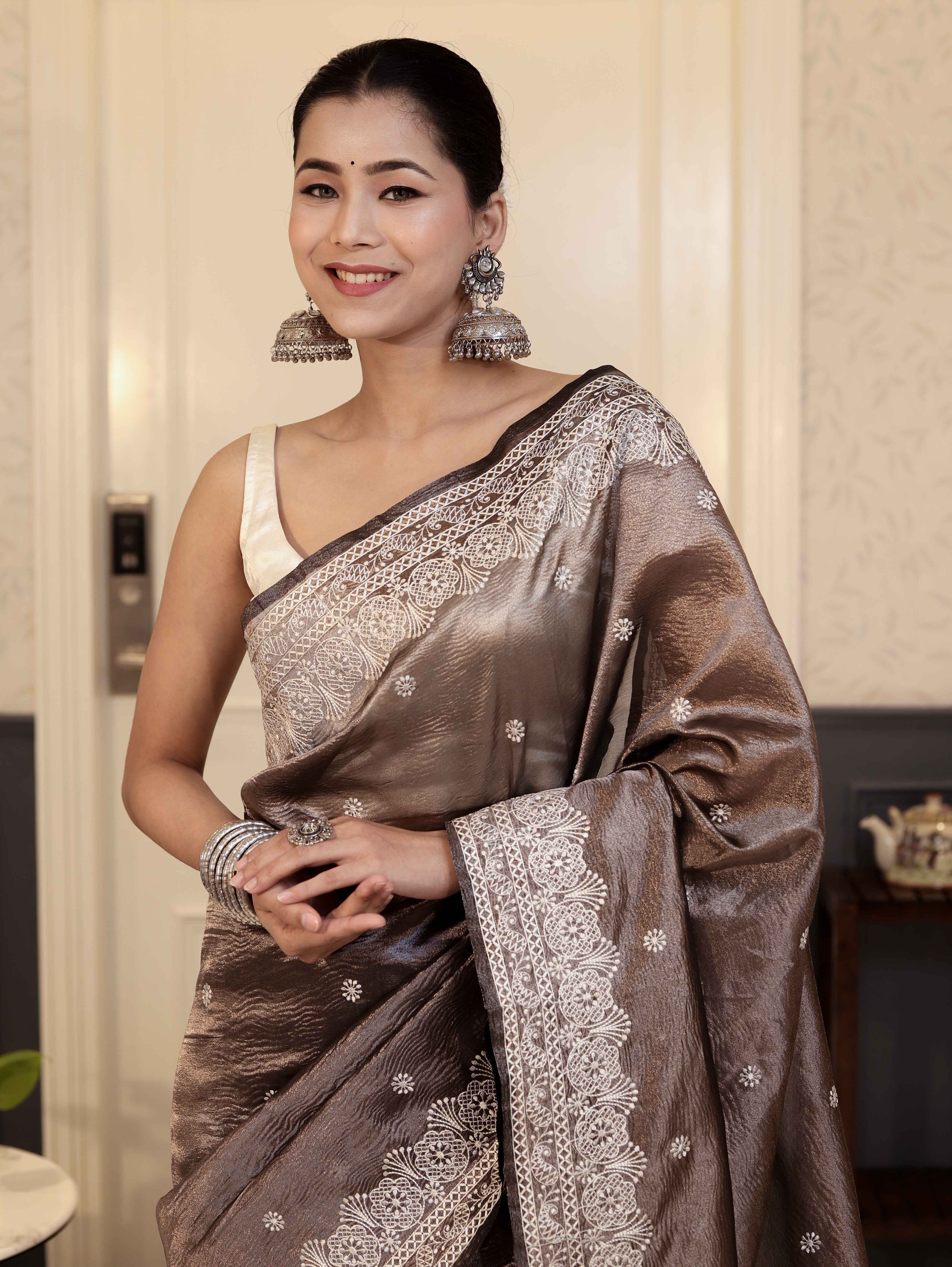Banarasee Handwoven Crushed Tissue Saree With Chikankari Work-Dark Brown