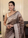 Banarasee Handwoven Crushed Tissue Saree With Chikankari Work-Dark Brown