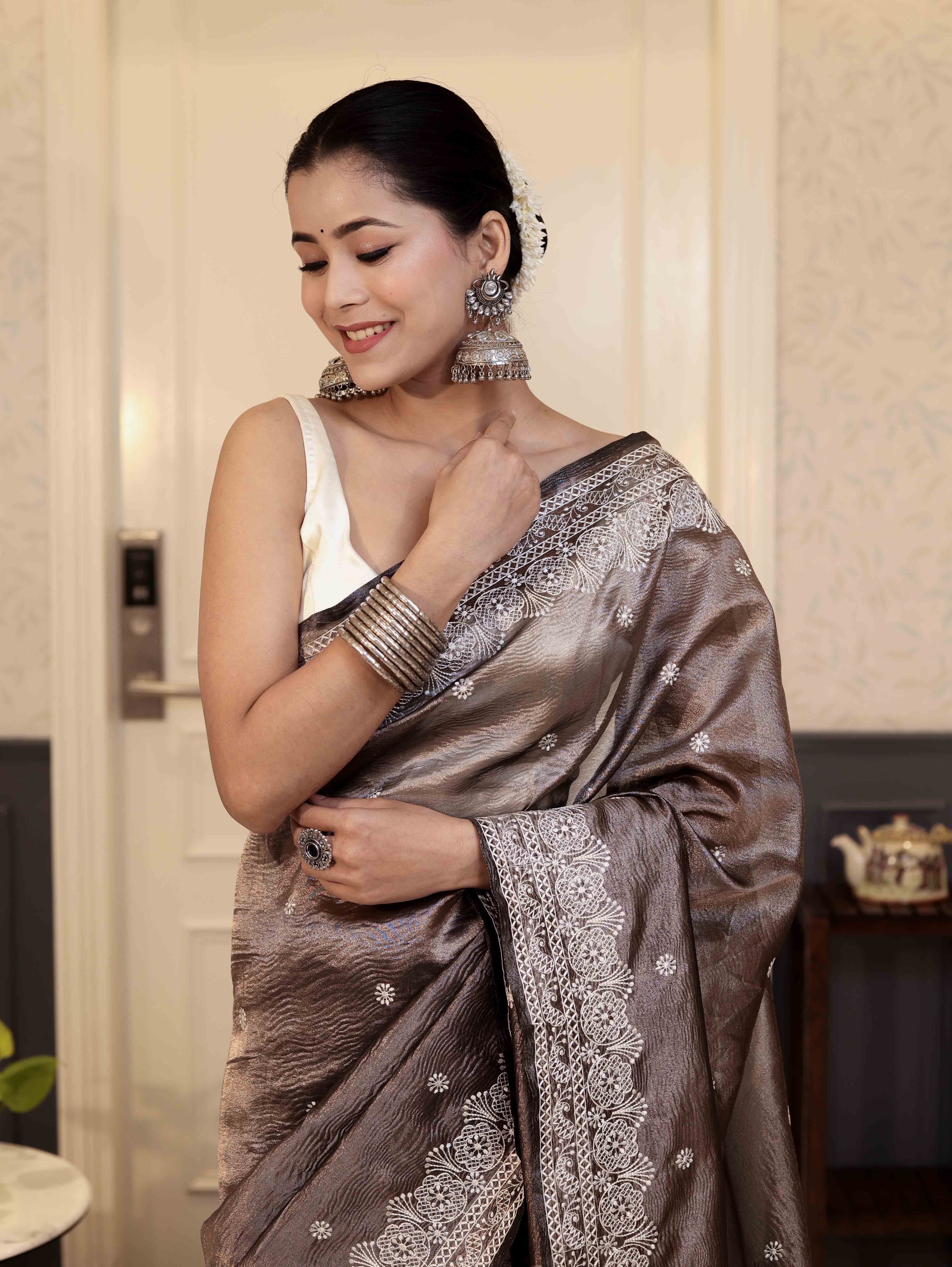 Banarasee Handwoven Crushed Tissue Saree With Chikankari Work-Dark Brown