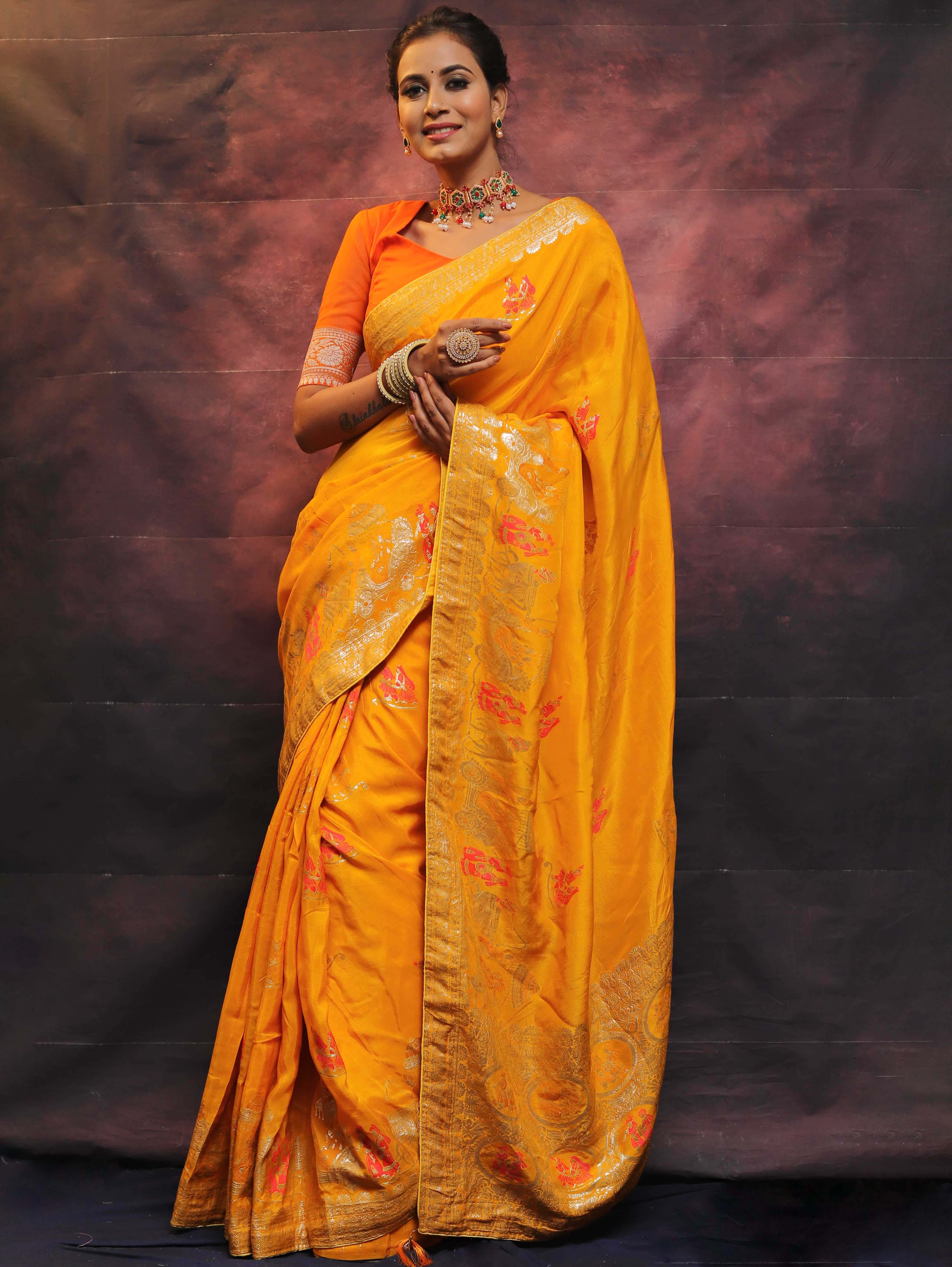 Banarasee Handwoven Semi Silk Saree With Zari Jaal Design-Yellow