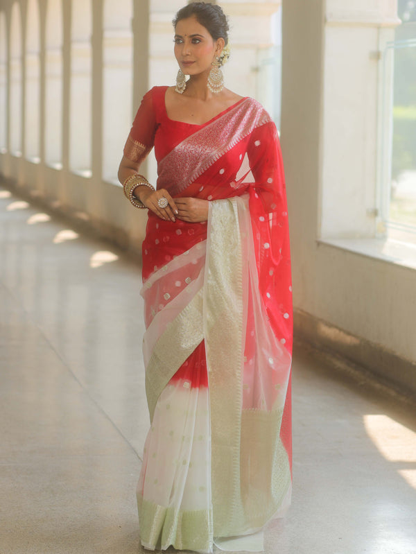 Banarasee Organza Saree With Silver Zari Design & Dual Color-Red & White