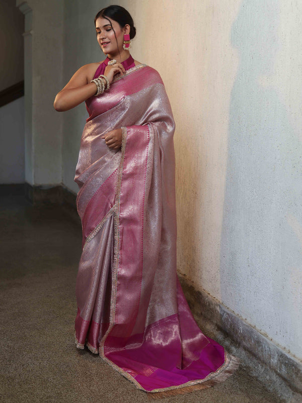 Banarasee Handwoven Tissue Saree With Zari Jaal Design & Lace-Pink(Dual Shade)