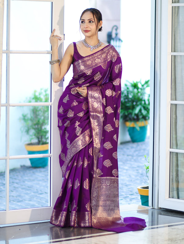 Banarasee Handloom Pure Chiniya Silk Saree With Zari Work-Violet