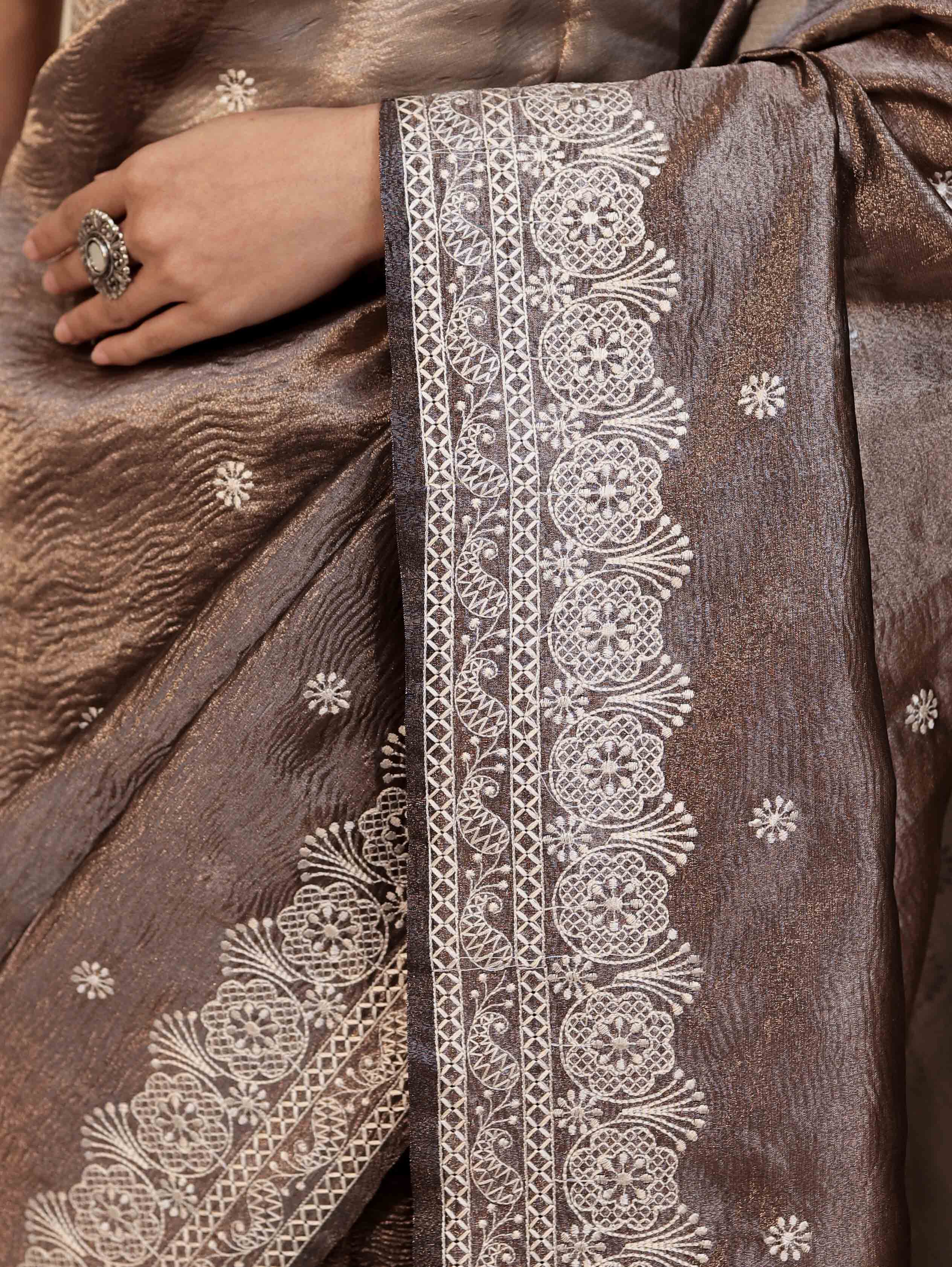 Banarasee Handwoven Crushed Tissue Saree With Chikankari Work-Dark Brown
