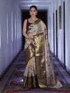 Banarasee Handloom Tissue Saree With Digital Floral Prints & Broad Border-Cream & Purple