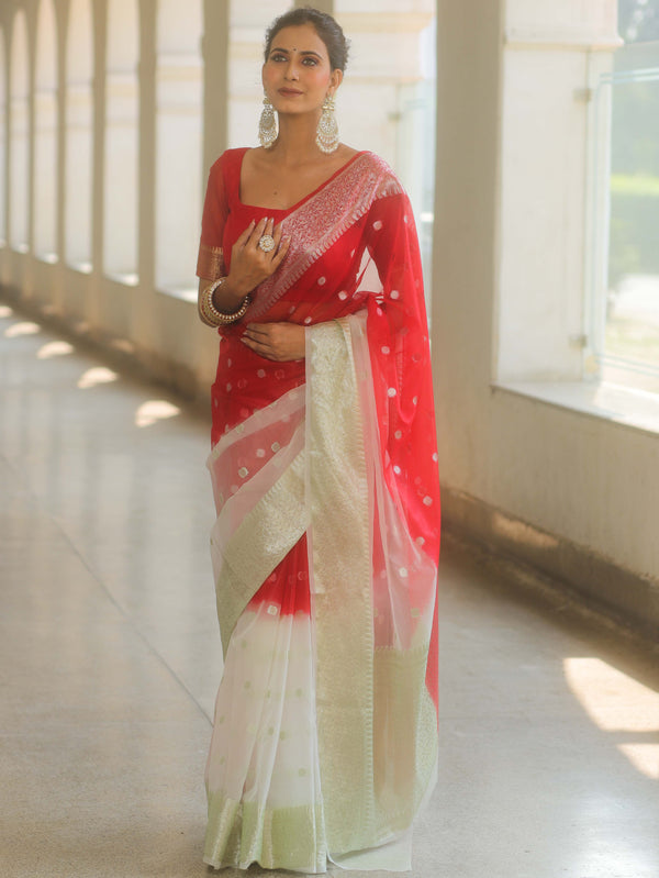Banarasee Organza Saree With Silver Zari Design & Dual Color-Red & White