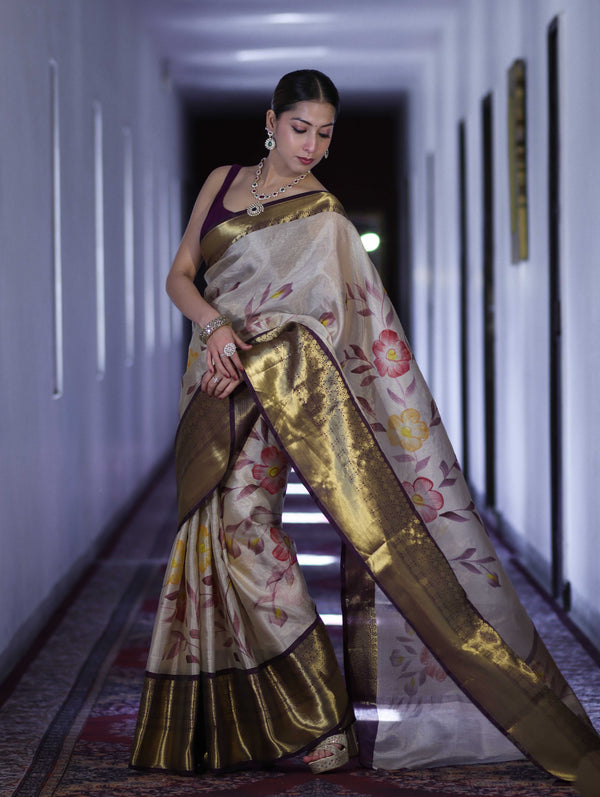 Banarasee Handloom Tissue Saree With Digital Floral Prints & Broad Border-Cream & Purple