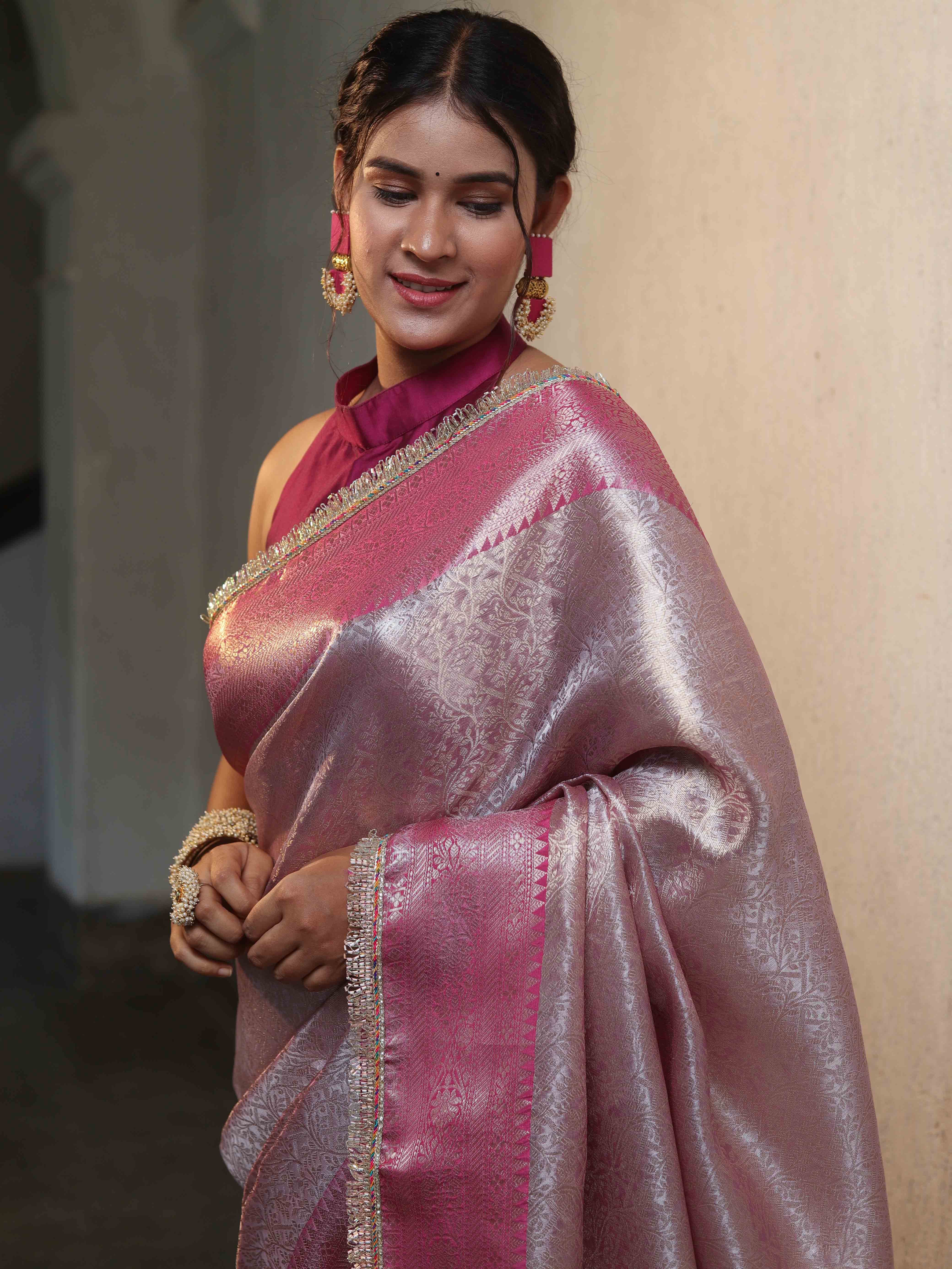 Banarasee Handwoven Tissue Saree With Zari Jaal Design & Lace-Pink(Dual Shade)
