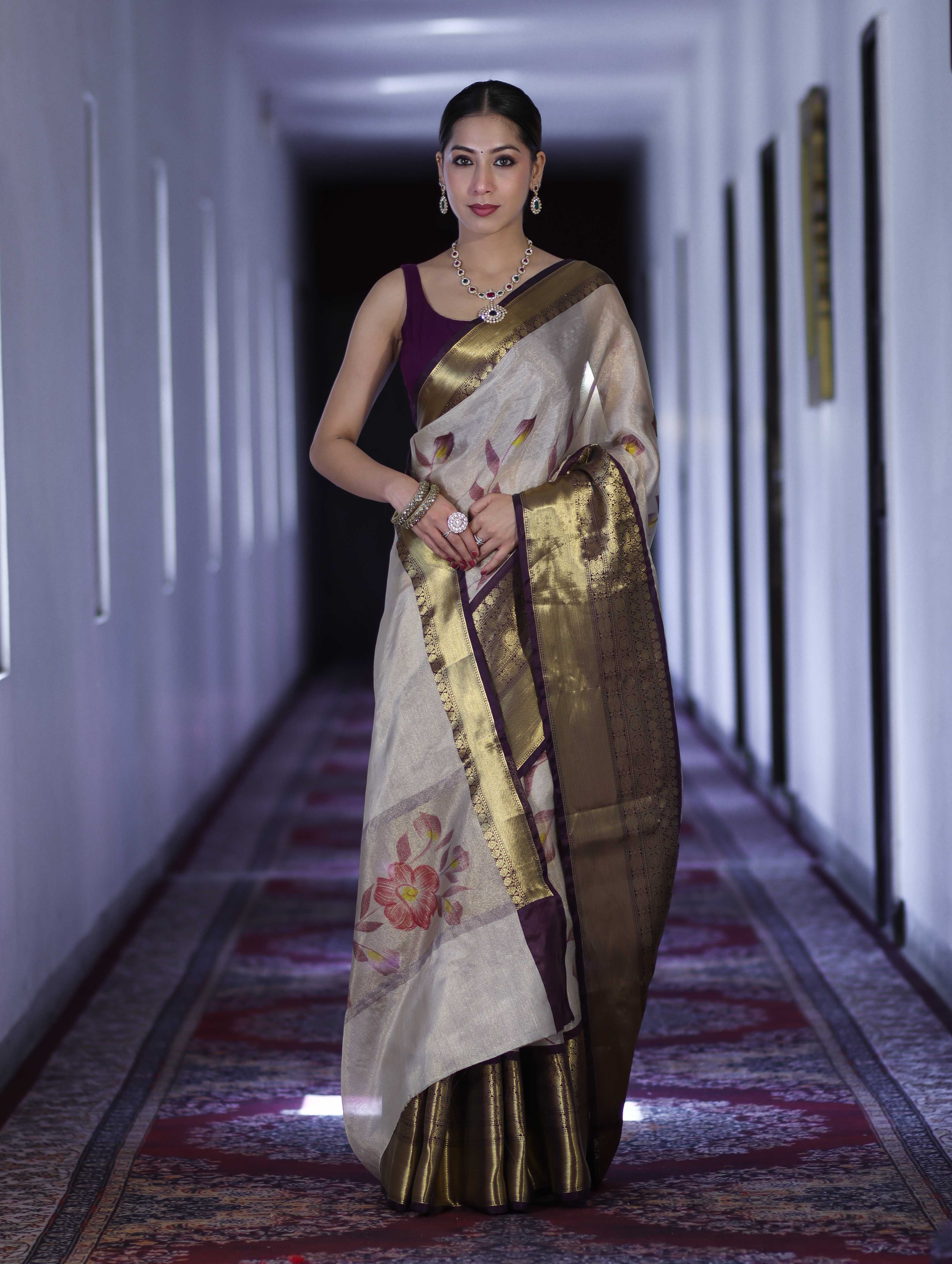 Banarasee Handloom Tissue Saree With Digital Floral Prints & Broad Border-Cream & Purple