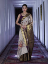 Banarasee Handloom Tissue Saree With Digital Floral Prints & Broad Border-Cream & Purple