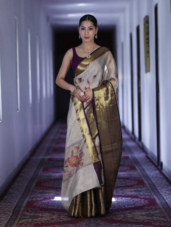 Banarasee Handloom Tissue Saree With Digital Floral Prints & Broad Border-Cream & Purple