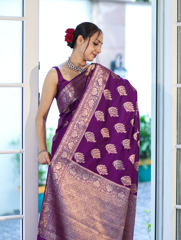 Banarasee Handloom Pure Chiniya Silk Saree With Zari Work-Violet