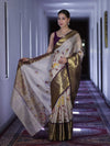 Banarasee Handloom Tissue Saree With Digital Floral Prints & Broad Border-Cream & Purple