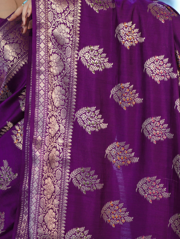 Banarasee Handloom Pure Chiniya Silk Saree With Zari Work-Violet