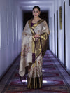 Banarasee Handloom Tissue Saree With Digital Floral Prints & Broad Border-Cream & Purple