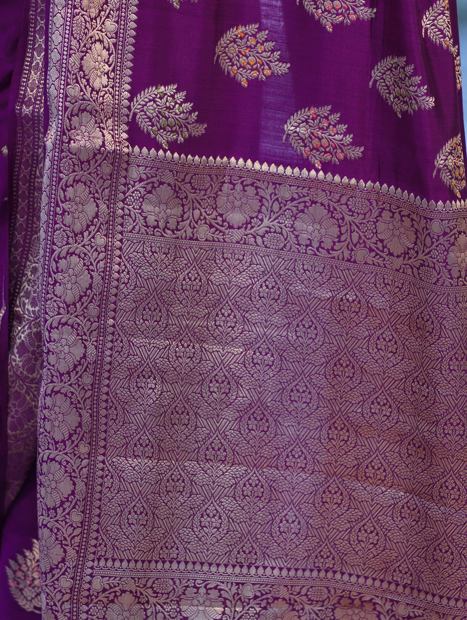 Banarasee Handloom Pure Chiniya Silk Saree With Zari Work-Violet