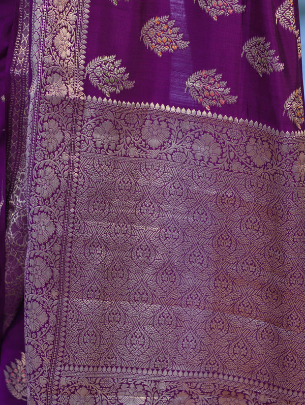Banarasee Handloom Pure Chiniya Silk Saree With Zari Work-Violet