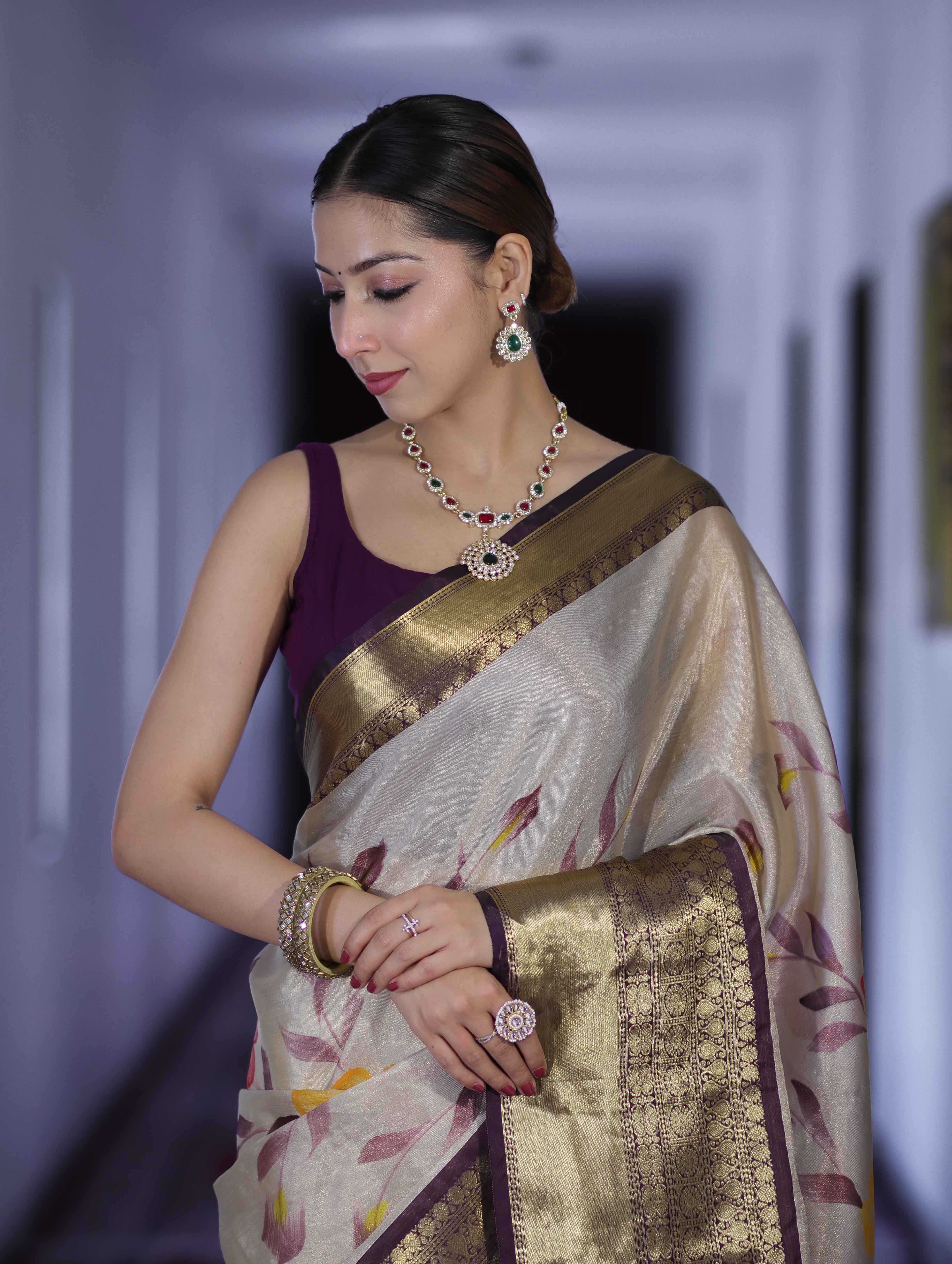Banarasee Handloom Tissue Saree With Digital Floral Prints & Broad Border-Cream & Purple