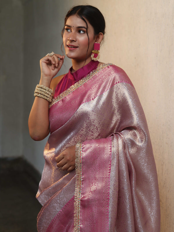 Banarasee Handwoven Tissue Saree With Zari Jaal Design & Lace-Pink(Dual Shade)