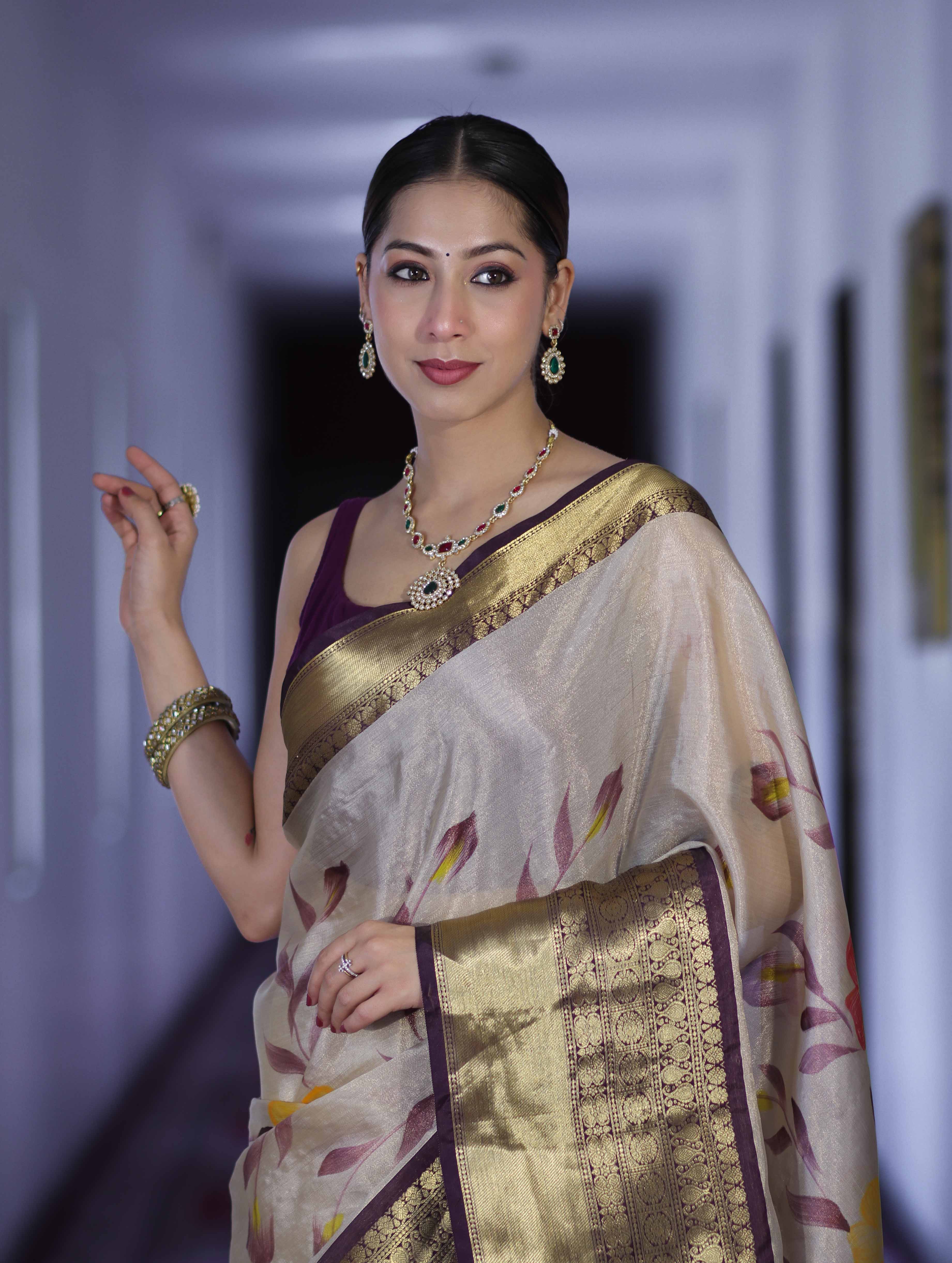 Banarasee Handloom Tissue Saree With Digital Floral Prints & Broad Border-Cream & Purple
